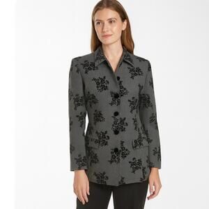 Vintage Pure Wool Velvet Flocked Blazer Sz 8P Gray Black Button Up Floral 90s